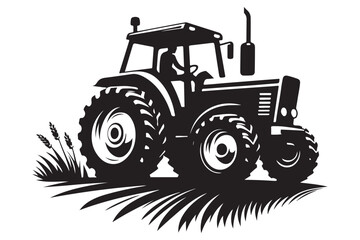 Farm Tractor Silhouette Working Field Agriculture Machine Vector Illustration