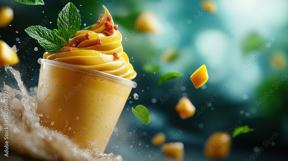Poster refreshing tropical mango smoothie in clear cup, garnished with mint leaves and surrounded by splash