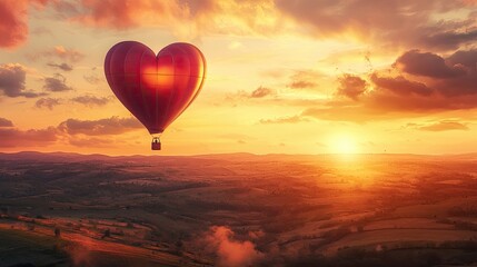 Fototapeta premium A heart-shaped hot air balloon floating over a dreamy landscape at sunset, warm golden light, soft clouds, romantic and whimsical, detailed illustration
