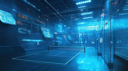 A futuristic indoor tennis court displays data screens on walls