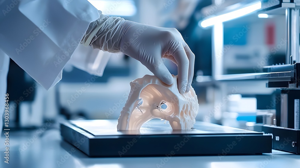 Poster hand holding a detailed model of a human body displaying anatomical features and internal structures