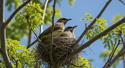 Birds Nesting Together in Tree Nature Scene with Sunny Sky