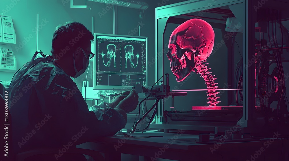 Poster individual engaged in focused work while observing a computer screen in a modern office environment 