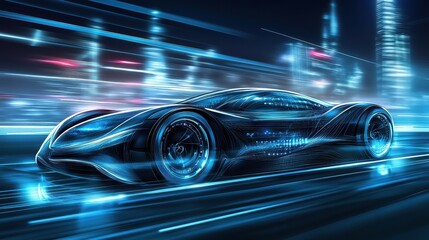 Fototapeta premium A futuristic blue sports car speeds through a modern city