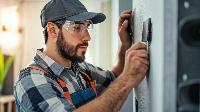 Precision and Skill: A focused tradesman, clad in a work outfit, meticulously installs a control panel on a wall, epitomizing dedication and craftsmanship in this dynamic capture.