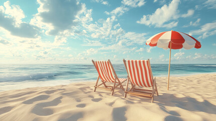 Obraz premium Relaxing deck chairs and beach umbrella on sandy shore