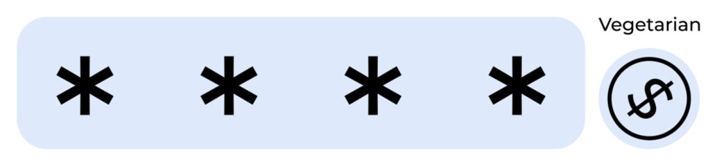 Obraz premium Four bold asterisks in horizontal alignment with a circular vegetarian icon and dollar sign. Ideal for ratings, food quality, pricing, vegetarian options, reviews, minimalistic designs