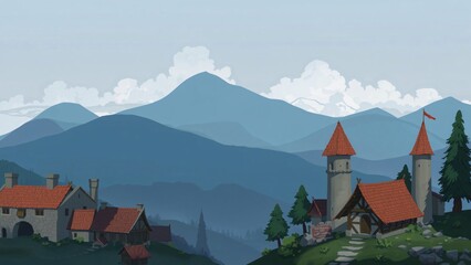 Fairytale Village nestled in Mountain Valley - Medieval Fantasy Illustration
