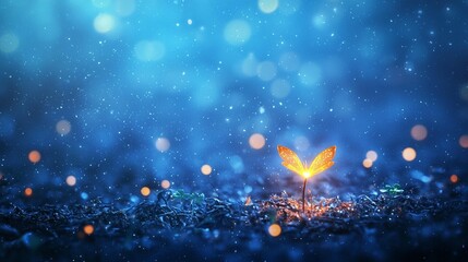 Glowing seedling sprouting in dark soil, illuminated by magical light.