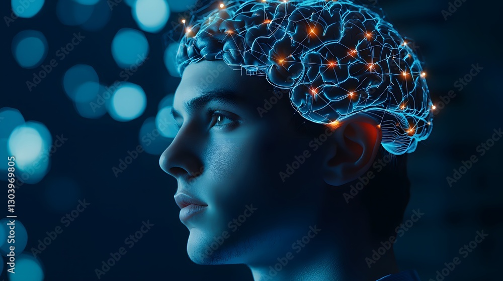 Poster artistic representation of a man with a transparent head showcasing a brain with neural connections 