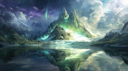 Obraz premium A serene Arctic landscape featuring dramatic ice formations and floating icebergs reflected in still water.