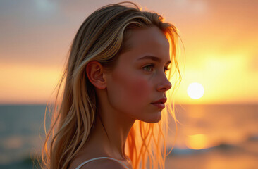 Portrait of a girl with long flowing hair against a sunset sky