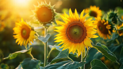Bright sunflowers in summer landscape with sunlight