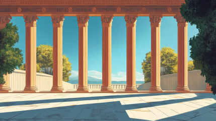 Fototapeta premium Ancient Greek columns with scenic view and vibrant trees