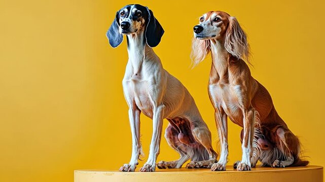 Elegant Salukis: Two majestic Saluki dogs pose elegantly against a vibrant backdrop, showcasing their sleek physique and regal demeanor. 