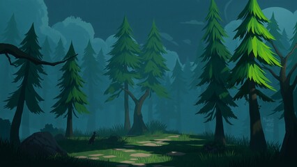 Enchanting Dusk in a Stylized Evergreen Forest