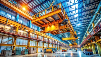 Night Photography of Overhead Crane in Action for Factory Transportation, Bridge Crane Hoist Lifting Goods in Warehouse Environment, Industrial Equipment, and Safety Measures