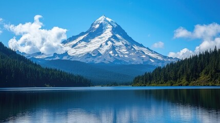 A majestic mountain peak covered in snow, towering over a pristine alpine lake.