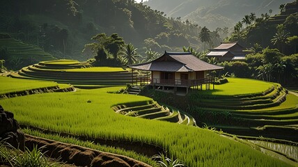 Landscape of terraced rice fields, characterized by their lush green and golden hues.