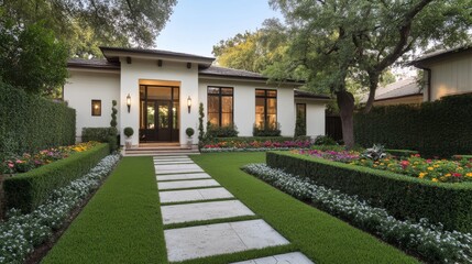 Fototapeta premium Modern Home Entrance, Lush Landscaping, Evening Light