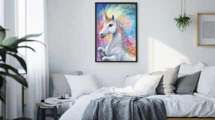 colorful unicorn poster in cozy bedroom setting