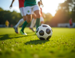 Fototapeta premium shot of a soccer ball on a vibrant green field with players in motion.
