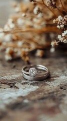 Elegant engagement ring resting on rustic wooden surface.