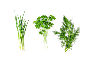 Fresh herbs on a white background: green onions, parsley and dill. Isolated bunches of herbs for cooking, decorating dishes and healthy eating. Natural organic products for dietary and vegetarian menu