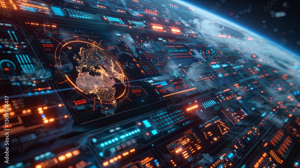 Wall mural futuristic display shows earth from space with detailed data interfaces