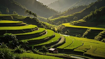Landscape of terraced rice fields, characterized by their lush green and golden hues.