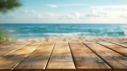 Empty wooden planks with blurred beach and sea view