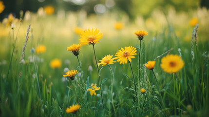 Obraz premium Fluffy yellow wildflowers in sunny summer meadow