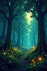 Obraz premium Enchanted forest, glowing fireflies, mystical trees, whimsical, mystical
