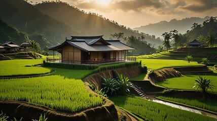 Landscape of terraced rice fields, characterized by their lush green and golden hues.