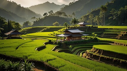 Landscape of terraced rice fields, characterized by their lush green and golden hues.