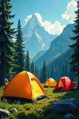 Vibrant camping tents, various shapes & sizes, cartoon tents, illustration