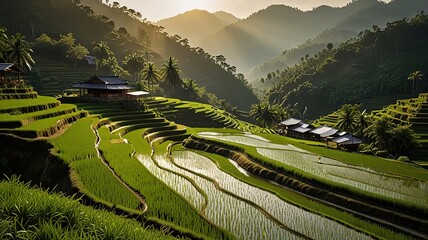 Landscape of terraced rice fields, characterized by their lush green and golden hues.