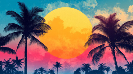 Obraz premium Vibrant sunset with palm trees and colorful sky