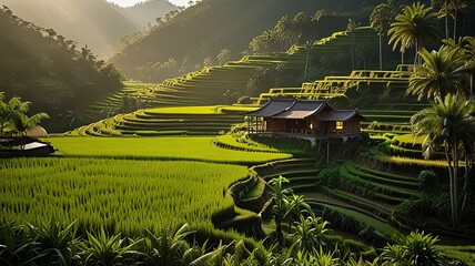Landscape of terraced rice fields, characterized by their lush green and golden hues.
