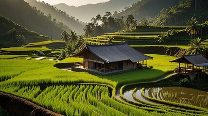 Landscape of terraced rice fields, characterized by their lush green and golden hues.