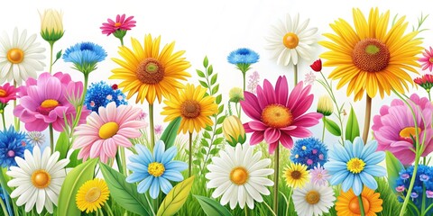 Obraz premium Spring Flower Collection: Daisy, Chamomile, Cornflower, Sunflower, Chrysanthemum - Colorful Blooms for Fresh and Natural Designs, Isolated on White Background