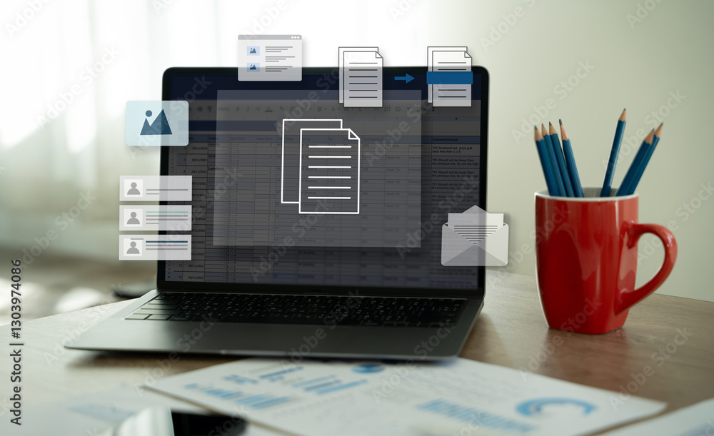 Poster businessman working with data and graphs in spreadsheet documents for online analysis microsoft exce
