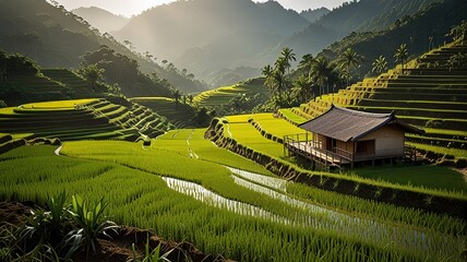 Landscape of terraced rice fields, characterized by their lush green and golden hues.