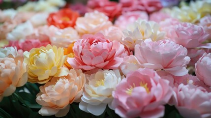 A vibrant arrangement of large, blooming flowers in shades of pink, peach, and blue.