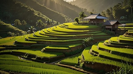 Landscape of terraced rice fields, characterized by their lush green and golden hues.