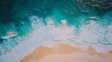 Fototapeta premium Aerial view of turquoise ocean waves crashing on sandy beach