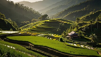 Landscape of terraced rice fields, characterized by their lush green and golden hues.