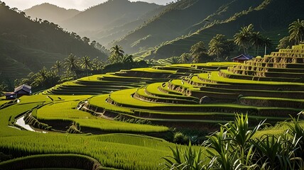 Landscape of terraced rice fields, characterized by their lush green and golden hues.