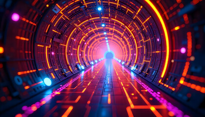 Obraz premium Futuristic tunnel with glowing neon lights in vibrant colors, showcasing advanced technology and digital innovation.
