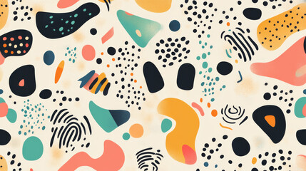 Playful seamless pattern with colorful abstract shapes and dots